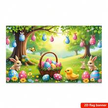 Un lienzo de terciopelo con diseño vibrante de primavera con un conejo de Pascua, huevos, flores y mariposas, colgante de pared de poliéster, adecuado para pancartas de fiestas familiares, con varios escenarios y tamaños a elegir. - Multicolor - Ver 7