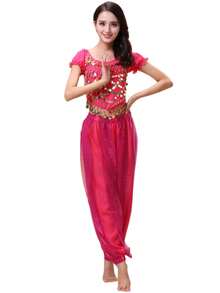2pcs Women's Belly Dance Costume Set, Includes Short Sleeve Top And Harem Pants, Adult Practice Outfit - Multicolor - View 14