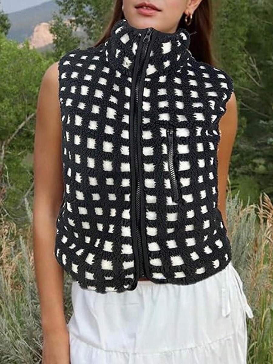 Womens Fuzzy Checkered Vest Sleeveless Stand Collar Zip Up Vest Jacket Winter Warm Outwear - 黑色 - 查看 1