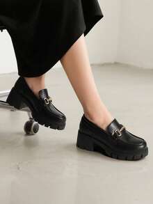 Women's Platform Loafers 2.17 Inch Chunky Heel Round Toe Slip-On Loafers, Casual Vintage Elegant Pumps Shoes - màu đen - Xem 10
