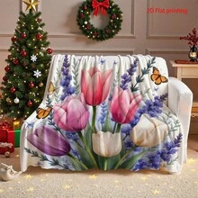 1pc S Flannel Blanket 2D Flat Printing High Definition Printed Blanket Lavender Tulips Pink Purple White Butterflies Floral Watercolor Style Blanket Flannel Blanket, Soft Blanket Nap Blanket, Suitable Sofa Office Bed Camping Travel, Suitable All Seasons MultiPurpose Gift Blanket - As Shown In the Figure - View 5