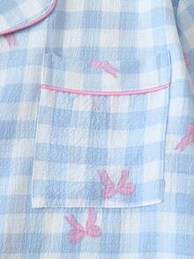 2pcs/Set Plus Size Women's Blue & White Plaid Bow Print Short Sleeve Collared Top With Pocket And Bow Shorts Pajamas Loungewear Set, Spring/Summer, Outfits