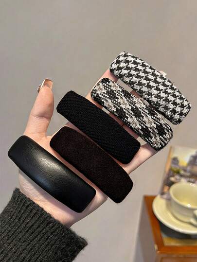 5 piezas Pinzas para el cabello de mujer de 8 cm/3,15 pulgadas con estampado de pata de gallo negro y rayas, de cuero, de moda versátil, elegantes y minimalistas, adecuadas para salidas diarias, ocio, fiestas, viajes, peinado, lavado de cara, maquillaje, combinación de atuendos, pinzas de garra, pasadores de cabello, accesorios para el cabello, accesorios para el cabello para mujeres