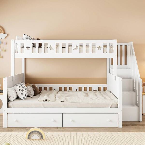 Children's Bed 90*200/140*200 Cm, Solid Wood Bunk Bed With Secure Ladder, Two Large Drawers And Slatted Base, White