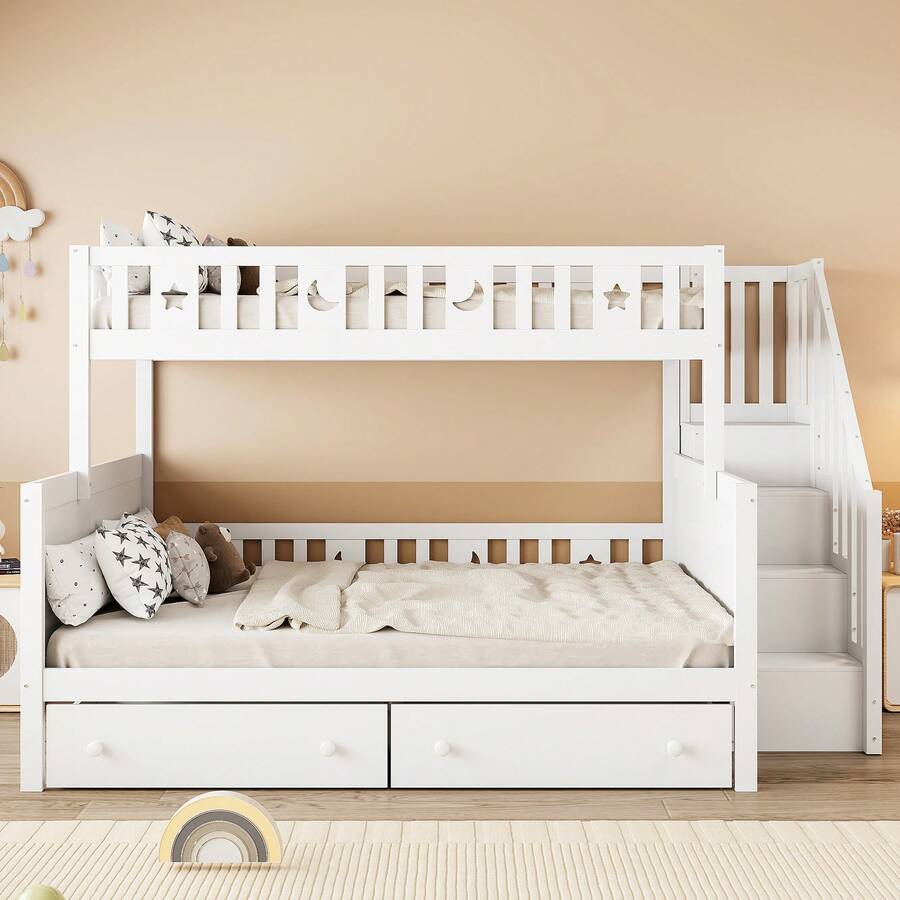 Children's Bed 90*200/140*200 Cm, Solid Wood Bunk Bed With Secure Ladder, Two Large Drawers And Slatted Base, White - White + Solid Wood - View 1