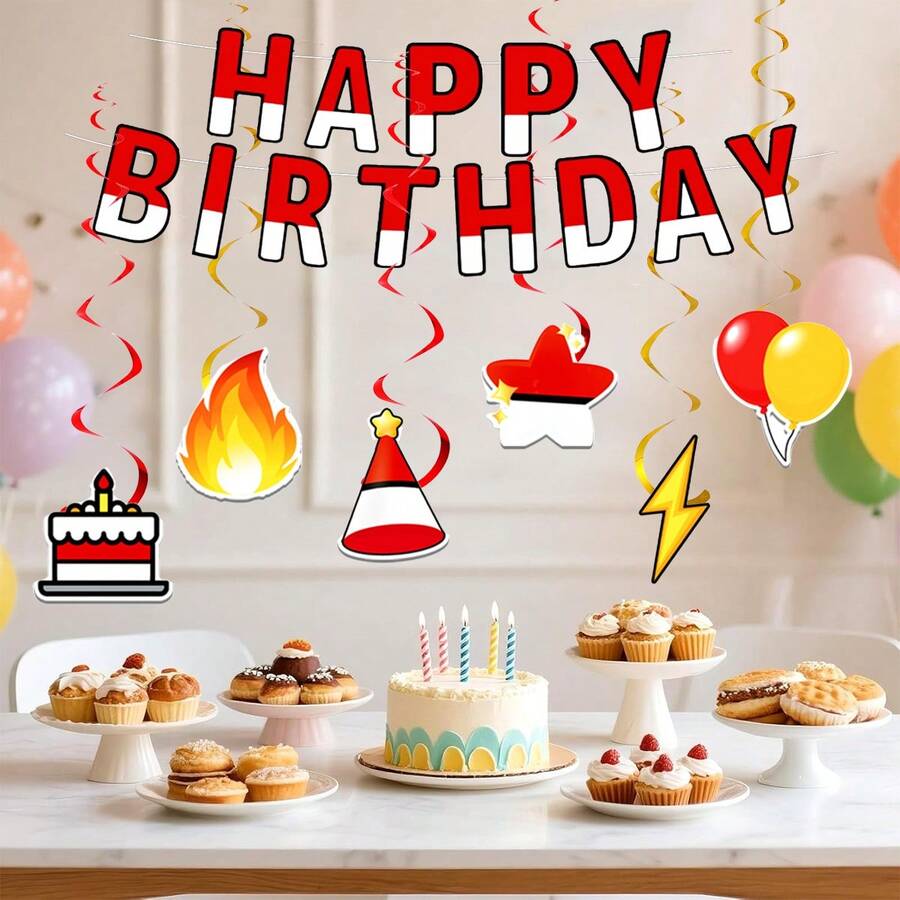 19件套红白生日派对横幅悬挂漩涡装饰套装,红白生日快乐主题生日派对装饰,生日蛋糕,帽子,闪电图案活动和场景装饰用品 - 紅白裝飾套裝 - 查看 1