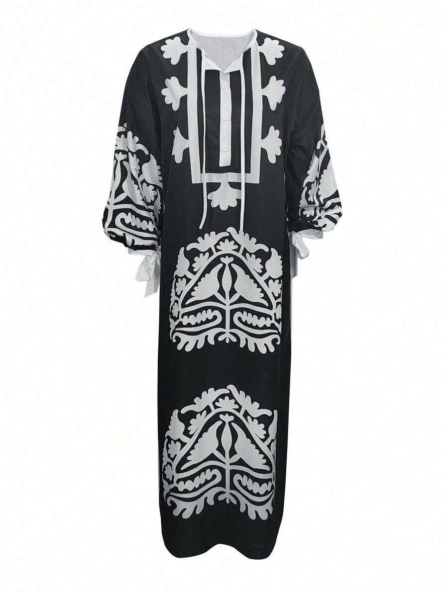 女士复古印花连衣裙，波西米亚风格，纽扣系带腰身开衩长裙，适合中东风格，春夏款 - 黑色 - 查看 1