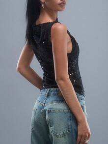 Women's Sequin Tank Tops Slim Fit Sheer Knitted See Through Tops Crew Neck Sparkly Camisole Vest Glitter Crop Tank Stylish Solid Color Casual Sleeveless Vest Y2K Teen Girl Going Out Mesh Party Shirt Streetwear Rave Outfits Suitable For Birthday/Dating/Daily Shopping/Concert/Brunch/Airport Outfit Valentine Clothes - màu đen - Xem 4