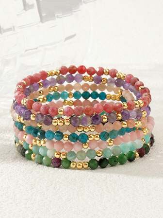 Trending European & American Natural Stone Bracelet, Minimalist Crystal Beaded Bracelet, Solid Color Elegant Stretch Bracelet