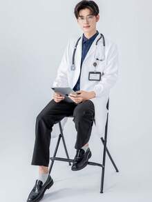 中等厚度长袖医用制服，舒适的后开衩设计，适用于医院、美容院、牙科诊所、兽医诊所、医学研究所、药房、妇产中心等场所。 - 白色 - 查看 2