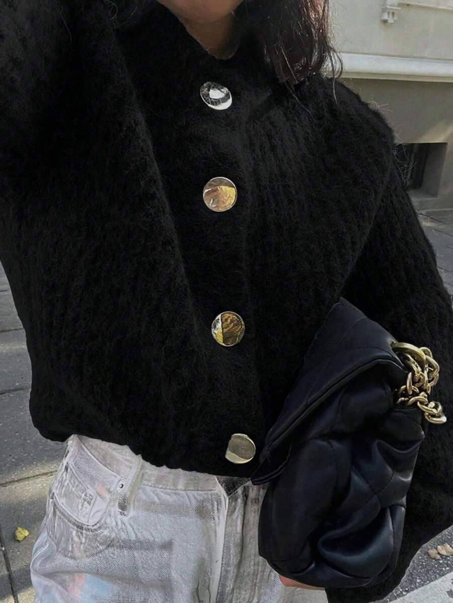 SEREN Autumn/Winter New Round Neck Fluffy Knit Cardigan, Women Loose Ribbed Metallic Button Sweater Jacket, Suitable For Commuting And Outings - Black - View 1