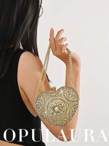 Túi xách cầm tay dự tiệc sang trọng hình trái tim đính pha lê vàng OpulAura, khóa cài pha lê, thích hợp cho tiệc chiêu đãi, tiệc cưới, dạ hội, ngày Valentine, món quà lý tưởng dành cho phụ nữ. - Vàng - Xem 8