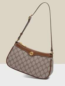 经典法式手拿包，多功能防水全印花面料，金属扣装饰，可调节长肩带，拉链封口，撞色缝线设计，小众休闲女士单肩包，钱包，单肩包，商务通勤包，适合购物、通勤和户外聚会。 - 咖啡 - 查看 4