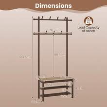 COSTWAY Bamboo Coat Rack, PE Rattan Hall Tree With Bench & Shoe Storage, 3-In-1 Entryway Bench With 2 Hanging Rods, 11 Hanging Hooks & Shelves, Brown - Brown - View 6