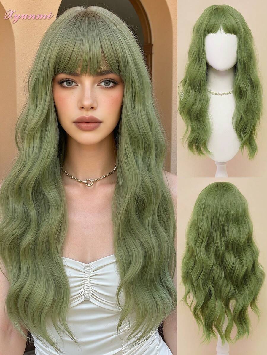 XYUNMI 26 Inch Green Long Curly Wig With Lightweight Bangs, French Style, Fashion & Natural, Soft & Fluffy, Made Of Synthetic Fiber, Suitable For Daily Wear, Dates, Photo Shoots, Cosplay, Elegant Parties, Valentine's Day, Music Festivals, Casual Gatherings And Shopping, Women Wig - Green - View 1