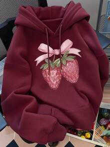 Sudaderas de Mujer Sudadera casual de mujer con capucha, color rosa, estampado de fresas y lazo, versátil y cómoda - Burdeos - Ver 1