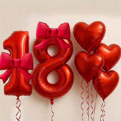 6 件/套 32 英寸红色数字、蝴蝶结、心形铝箔气球套装 - 红色主题生日派对装饰气球，21 英寸红色蝴蝶结气球，18 英寸红色心形气球配红色气球丝带，适用于婚礼、生日、情人节、周年纪念、圣诞节装饰