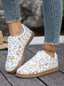 女士休闲运动鞋 - 低帮系带运动鞋，蓝色花卉装饰白色鞋面，适合所有季节，舒适内衬 - 白色 - 查看 5