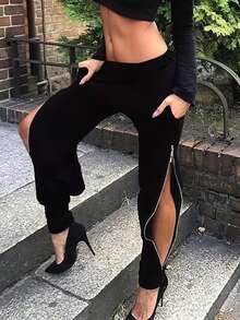 Women's Fashion Black Wide Leg Pants, Zipper Detail Design, Woven Fabric, Non-Stretch, Creating A Modern Look - Black - View 1