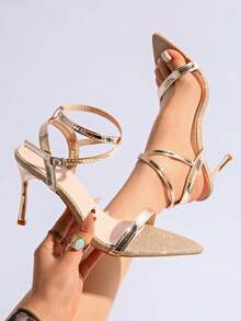 Sandalias de tacón alto con correa plateada para mujeres, diseño exclusivo y de alta gama - Dorado - Ver 3