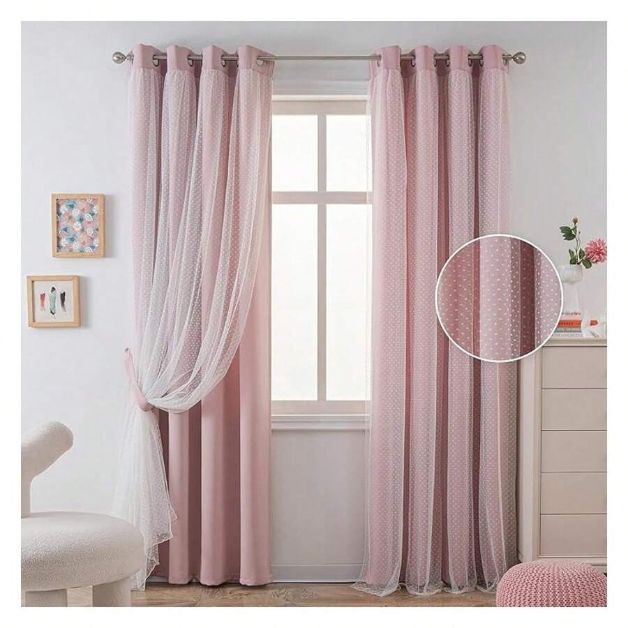 Pink Curtains For Bedroom, Blackout Cute Polka Dot Curtains - 52x95 Inch, 2 Panels, Sheer Layer, Grommet - As Picture 11 - View 1