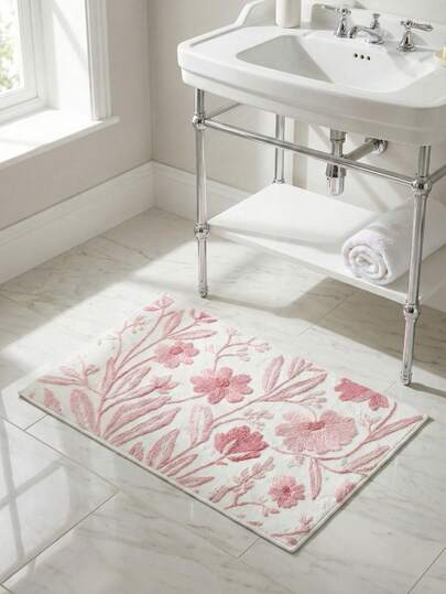 1 قطعة سجادة حمام بنقوش زهرية وردية - مانعة للانزلاق، سريعة الجفاف، ماصة، ناعمة كالكشمير، مناسبة لديكور المنزل، مثالية للمطبخ والحمام، المقاس: 23.6 * 15.7 بوصة، سجادة مدخل زخرفية مانعة للانزلاق