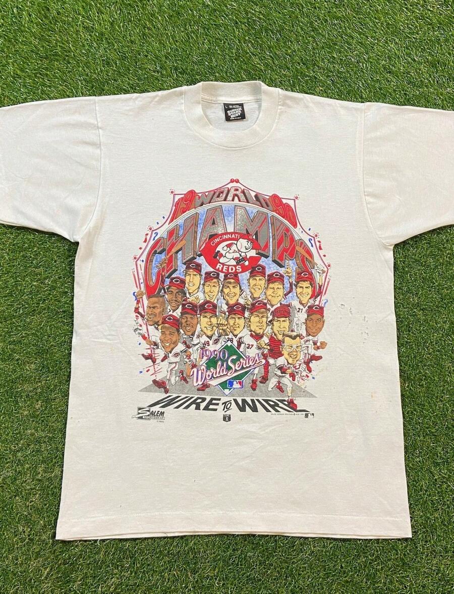 Vintage Cincinnati Reds 1990 World Series Champions T Shirt Tee Made USA Size Large L Baseball Ken Griffey JR Ohio C - 白色 - 查看 1