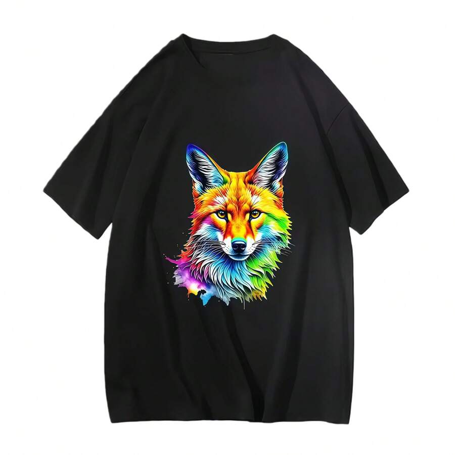 Rainbow Fox Graphic Printing T-Shirt New Fashion Cotton Tee-Shirt Round Neck Short Sleeved Men Women Tshirts футболк Neutral Top - 黑色 - 查看 1