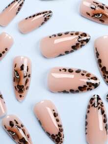 24片装短款杏仁形假指甲，豹纹法式棕色豹纹美甲，可爱铬合金亚克力按压式指甲，凝胶美甲，美甲用品，美甲套装（附赠：一片果冻胶和指甲锉），适合女性日常约会派对。 - 彩色 - 查看 4