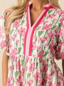 Women's Y2k V Neck Boho Mini Dress Stylish Short Puff Sleeve Floral Print A Line Dress Fashionable Loose Fit Contrast Color Ruffled Casual Work Dress Streetwear - 粉色 - 查看 6