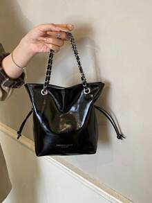Bolso bandolera mini cubo de unicolor con correa de cadena, de tamaño pequeño y de moda - Negro - Ver 4