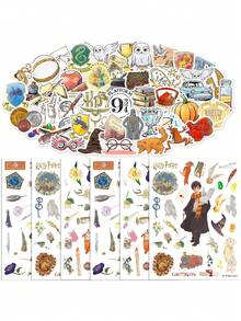 Harry Potter 50pcs Cartoon Stickers And 6pcs Cute Character Theme Washi Stickers, Waterproof Vinyl Stickers, Suitable For Decoration, Journal, Vintage Multi-Purpose Scrapbook, Water Bottle, Fun Stickers For Teens And Adults. [Officially Licensed] - Multicolor - View 1