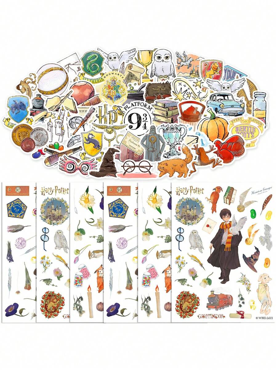Harry Potter 50pcs Cartoon Stickers And 6pcs Cute Character Theme Washi Stickers, Waterproof Vinyl Stickers, Suitable For Decoration, Journal, Vintage Multi-Purpose Scrapbook, Water Bottle, Fun Stickers For Teens And Adults. [Officially Licensed] - Multicolor - View 1