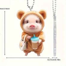 1pc Cute Pig Acrylic Keychain Pendant, Adorable Cartoon Pig Charm With Coffee Cup, Suitable For Car Interior, Backpack Accessories, Fashionable Acrylic Hanging Decor, Can Hang On Keys And Bags
