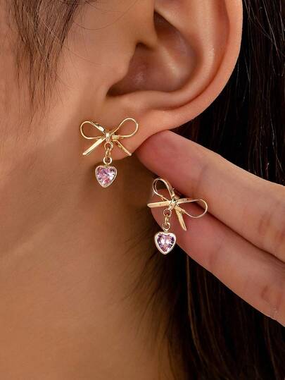 1 par guldfärgade rosettformade örhängen med hänge, minimalistiska rosa strass-örhängen med hjärtformade hängen, alla hjärtans dag-roséörhängen, smycken, accessoarer, presenter till kvinnor, alla hjärtans dag-presenter till fruar, flickvänner, mödrar, mors dag, presenter