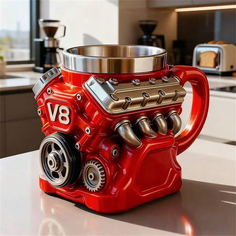 V8 Engine Model Resin Coffee Mug With Inner Liner, High-End Mechanical Desk Decor For Car Enthusiasts | Unique V8 Coffee Mug Gift Idea For Men, Durable And Leak-Proof Office Or Home Use (Red V8) - 紅色 - 查看 1