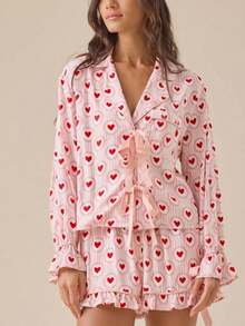 Women's Fall Pajamas Set Heart Bow Print Button Up Long Sleeve Lapel Tops And Shorts Lounge Wear 2 Pcs Set - Nhiều màu - Xem 2
