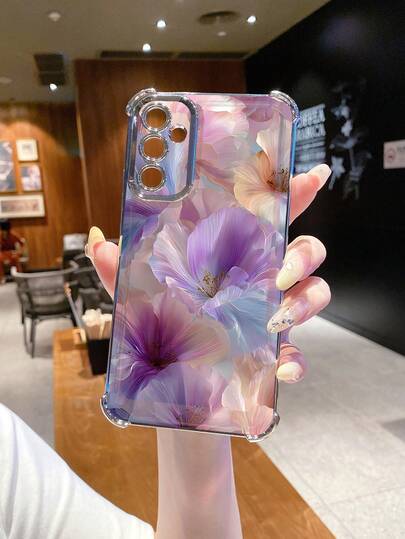 1pc Floral Purple Shockproof Electroplated Camera Protection Phone Case, UV Printed Compatible With IPhone/ Galaxy/Infinix/Redmi/OPPO/VIVO/Realme