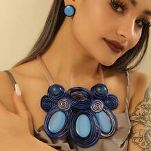 Exaggerated Multi-Layer Handmade Heavy Aluminum Wire Woven Resin Chain Bohemian European And American Middle Eastern European Korean Version Evening Party Holiday Women's Fashion Beautiful Retro Teardrop Necklace Earrings - Royal Blue - View 8