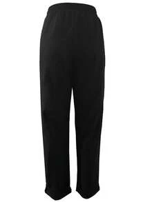 女士黑色休闲弹力腰抽绳口袋裤 - 轻薄夏季纽扣细节七分裤 - 黑色 - 查看 6