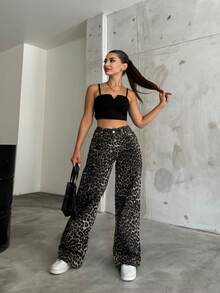 Women's High Waist Leopard Print Wide Leg Loose Casual Pants - Grey - View 7