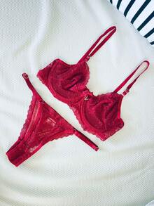 Sexy Women's Lace Lingerie Set With Underwire And Heart Pendant, Lace, No Padding - 紅色 - 查看 4