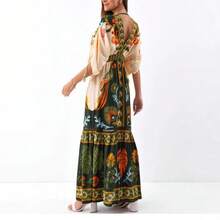 New European And American Summer V-Neck Retro  Printed Linen Dress For Women - 圖片色 - 查看 5