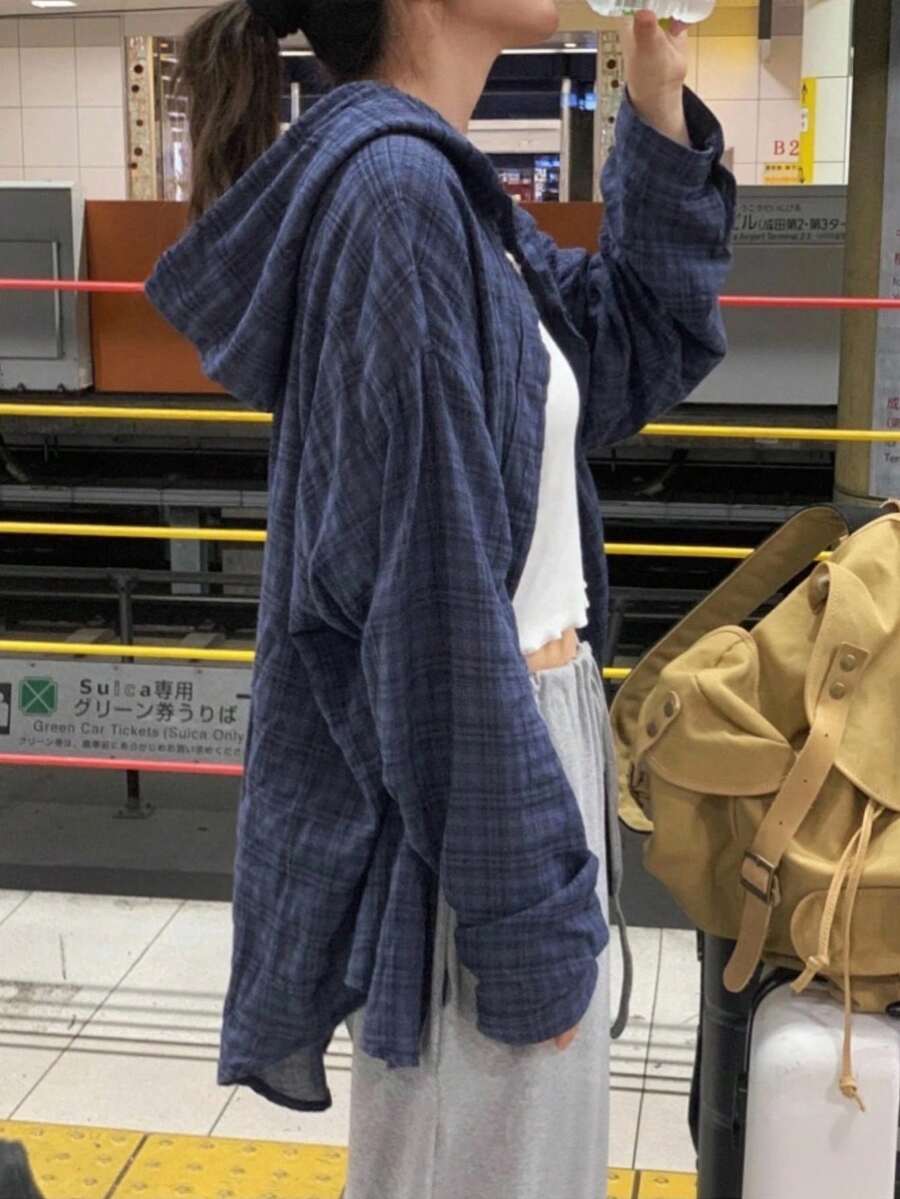 2025新款格子印花时尚休闲女式长袖纽扣连帽衬衫（春季款） - 藏蓝色 - 查看 1