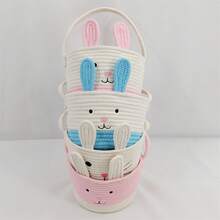 Easter Bunny Basket Cute Contrast Color Rope Easter Bucket Tote With Long Handle For Home Party School - 粉色 - 查看 6