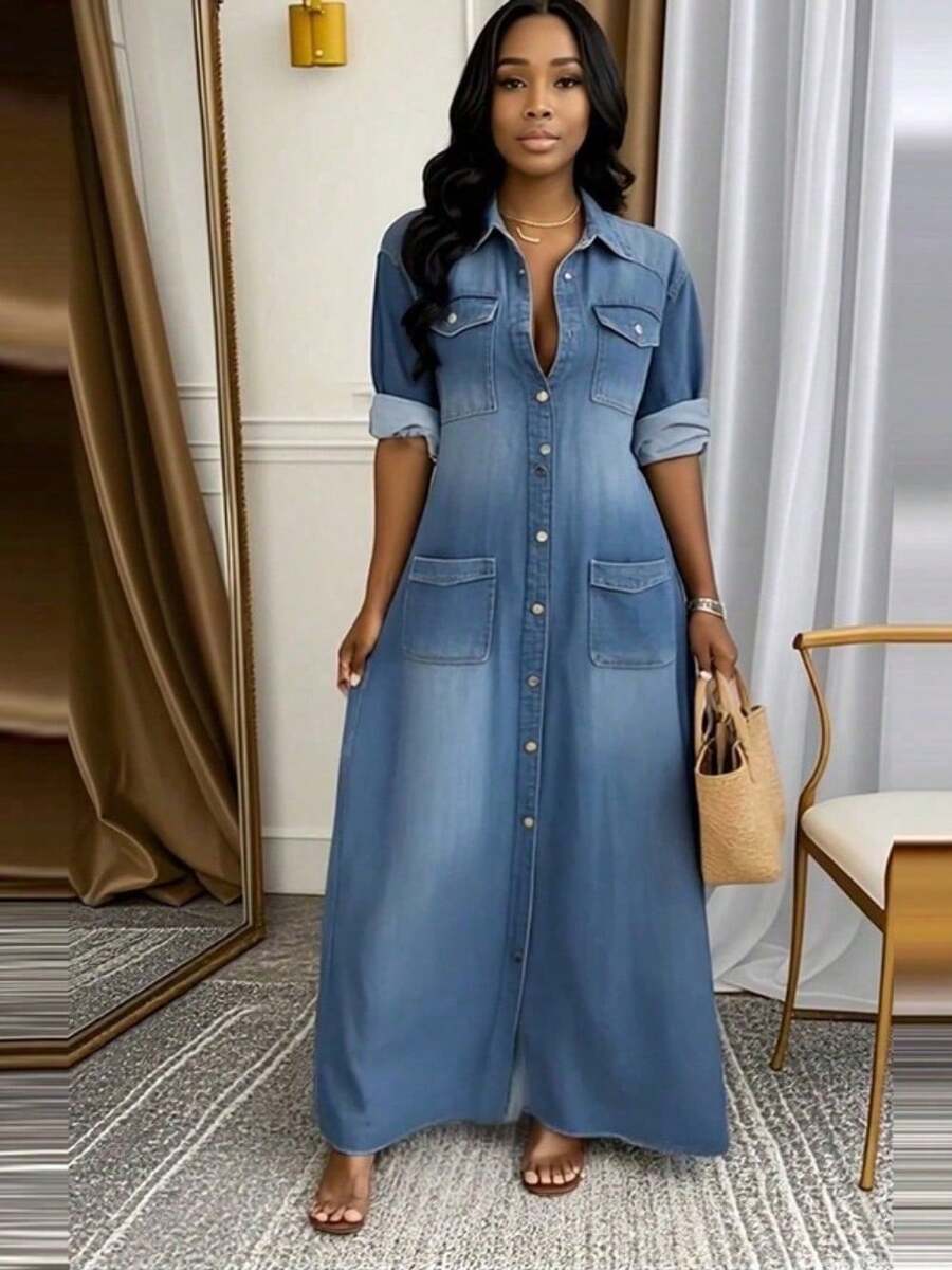 Fashion Women's Versatile Women's Lapel Washing Splicing Pocket Casual Dress - 藍色 - 查看 1