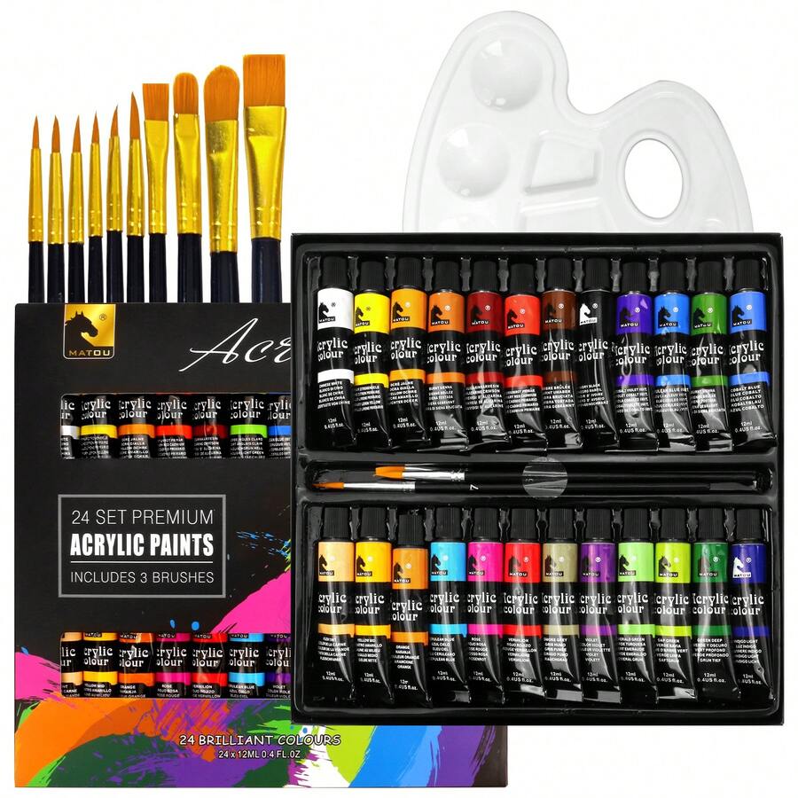 opeth 38件套丙烯颜料套装，包含24种颜色的12毫升丙烯颜料、24个调色盘、13支尼龙毛画笔和1个调色盘。色彩鲜艳，防水，质地浓稠，具有3D效果。是艺术学生和艺术家的理想之选。