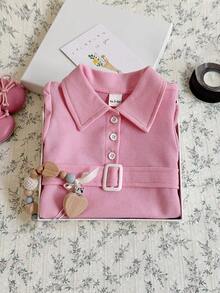 Newborn Baby Girl Pink Collar Cap Sleeve Romper - Rose Red - View 5