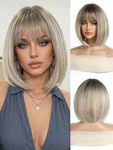 12 Inch Short Straight Hair Golden Wig,150% Density Lightweight Breathable Synthetic Hair Wig With Bangs ,Straight Light Brown Rose Net Cap For Women, Natural Look For Music Festivals, Elegant Bob Wig For WomenParties & Casual Attire - Unique Gift Idea,Short Straight Synthetic Hair With Side Part - Gold - View 2