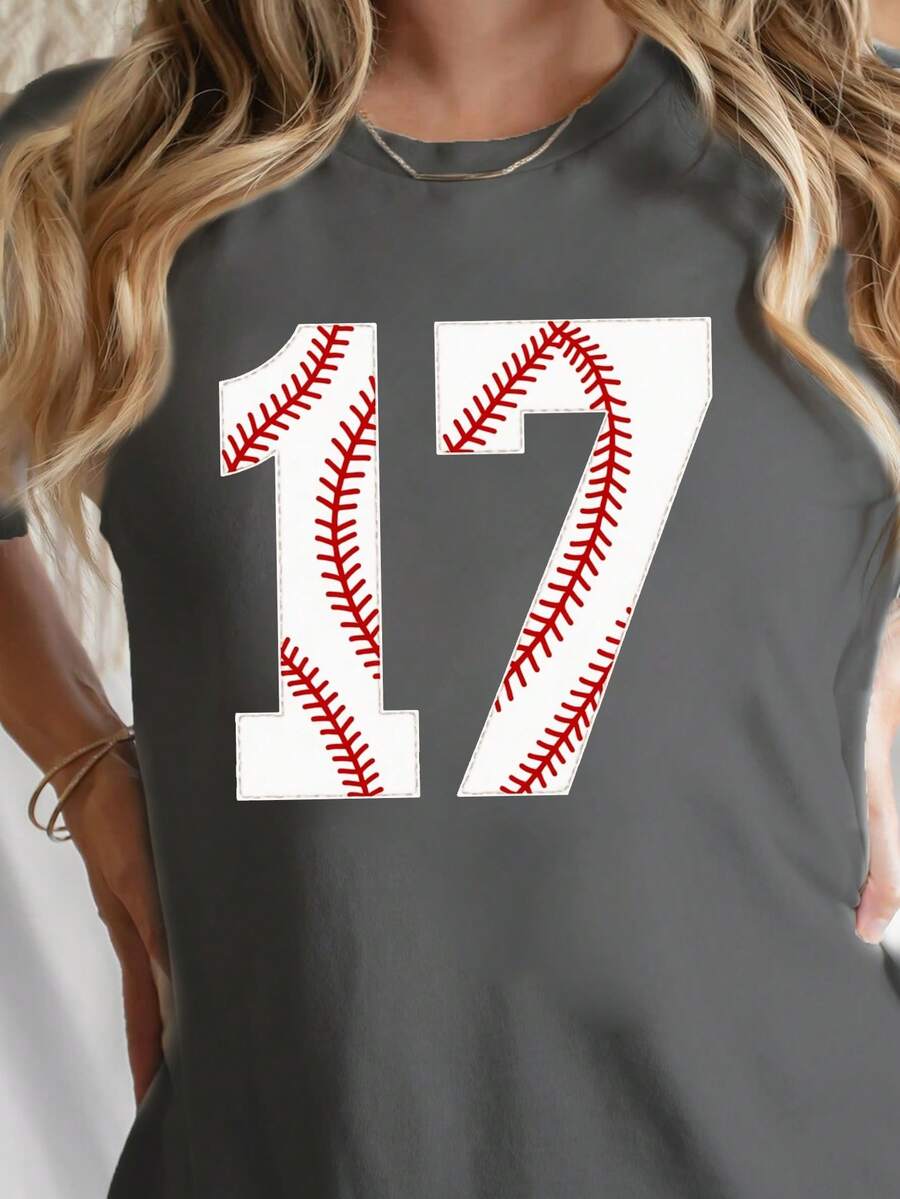 1pcsWomen's Black Baseball Stitched Number 17 Graphic T-Shirt - Short Sleeve Crew Neck Casual Top With Red & White Accents, Medium Stretch, Machine Washable, All-Season Comfort, Sports Fan Apparel, Sporty Style Tee, Fabric180g-100% Cotton Women's Casual T-Shirt: Perfect For Outdoor & Streetwear - Màu xám đen - Xem 1